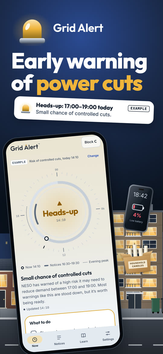 Early warning of power cuts: the app at Heads-up, with its notification.