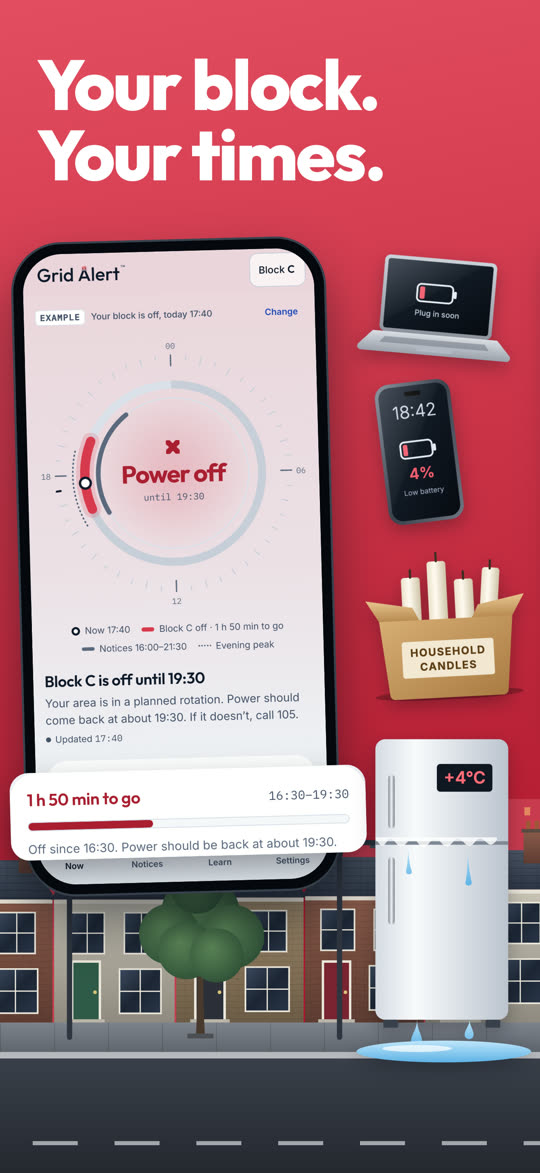 Your block. Your times: Power off, block C, with an hour and 50 minutes to go.